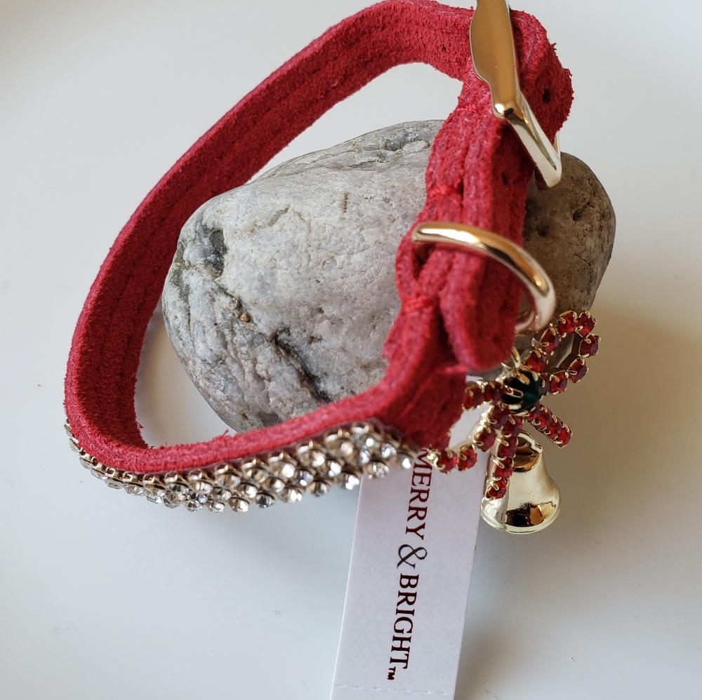 Red Suede Leather Rhinestone Christmas Bracelet Ho